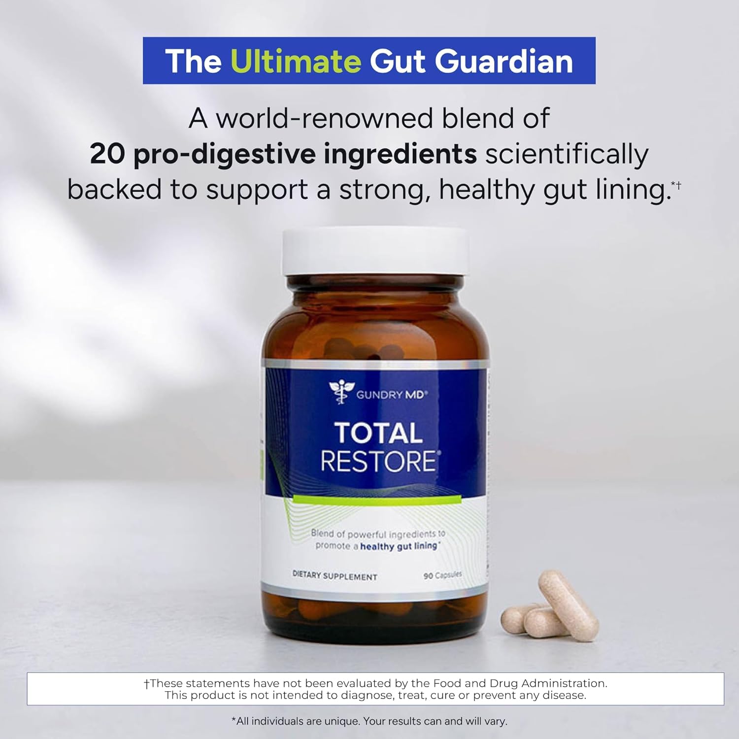 Gundry MD Total Restore label closeup underscores quality ingredients for gut wellness.