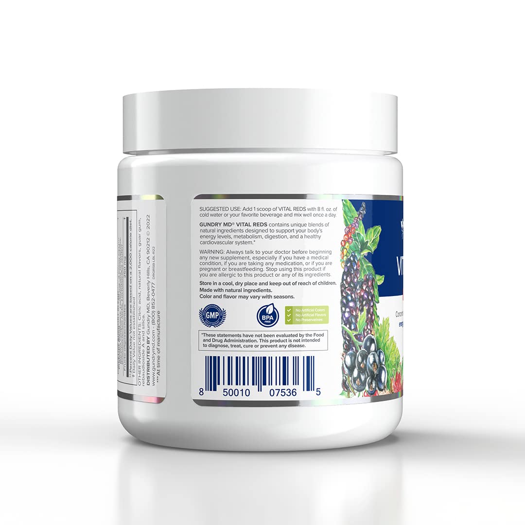 Close-up of Gundry MD Vital Reds label highlighting sugar-free and lectin-free features.
