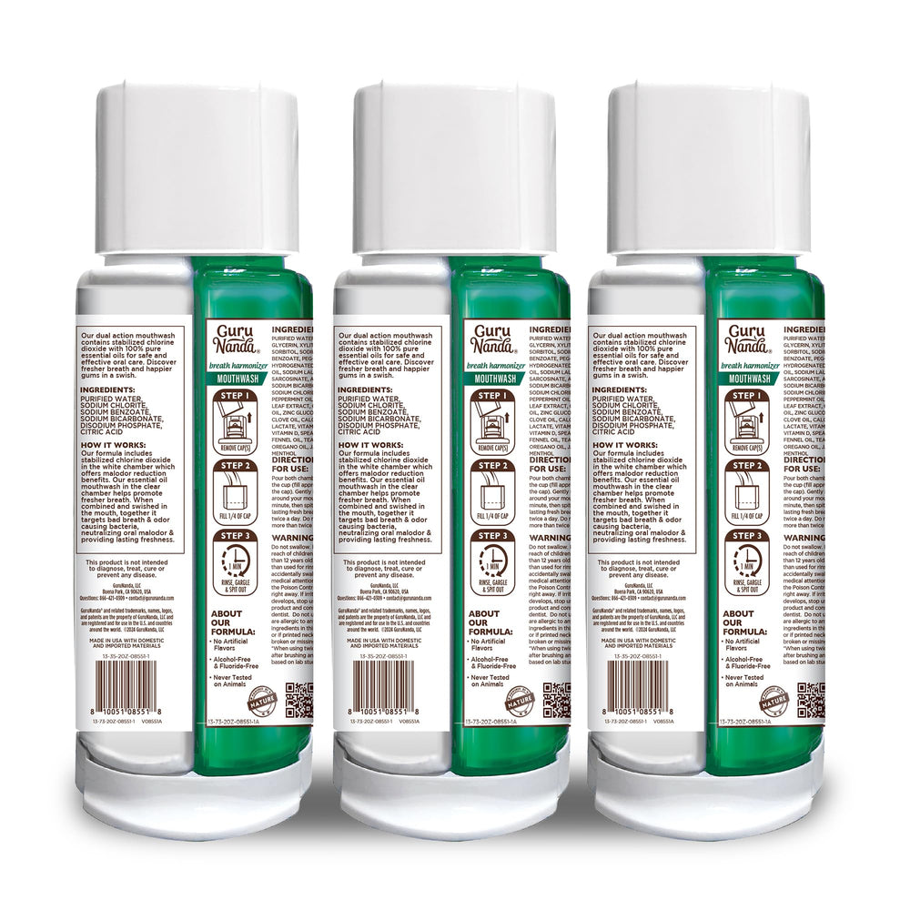 GuruNanda fresh-mouth scene highlights odor-control and a confident smile.