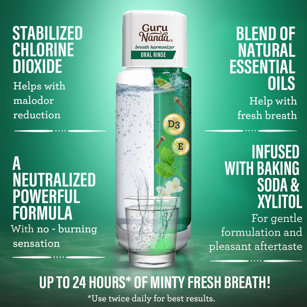GuruNanda Breath Harmonizer pack demonstrates 12-hour odor control benefits.
