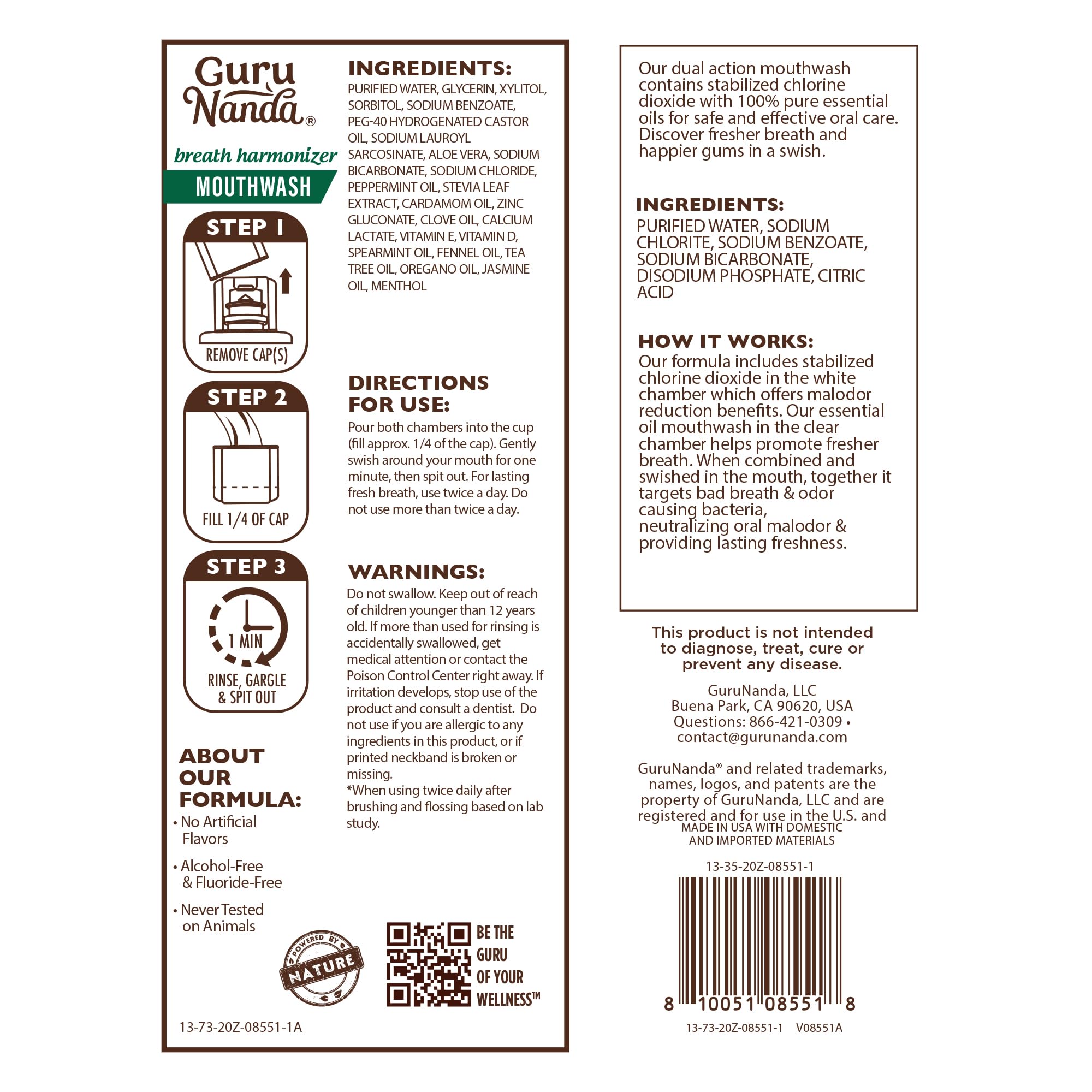 GuruNanda rinse cup in-use image conveys a tidy, 60-second rinse.