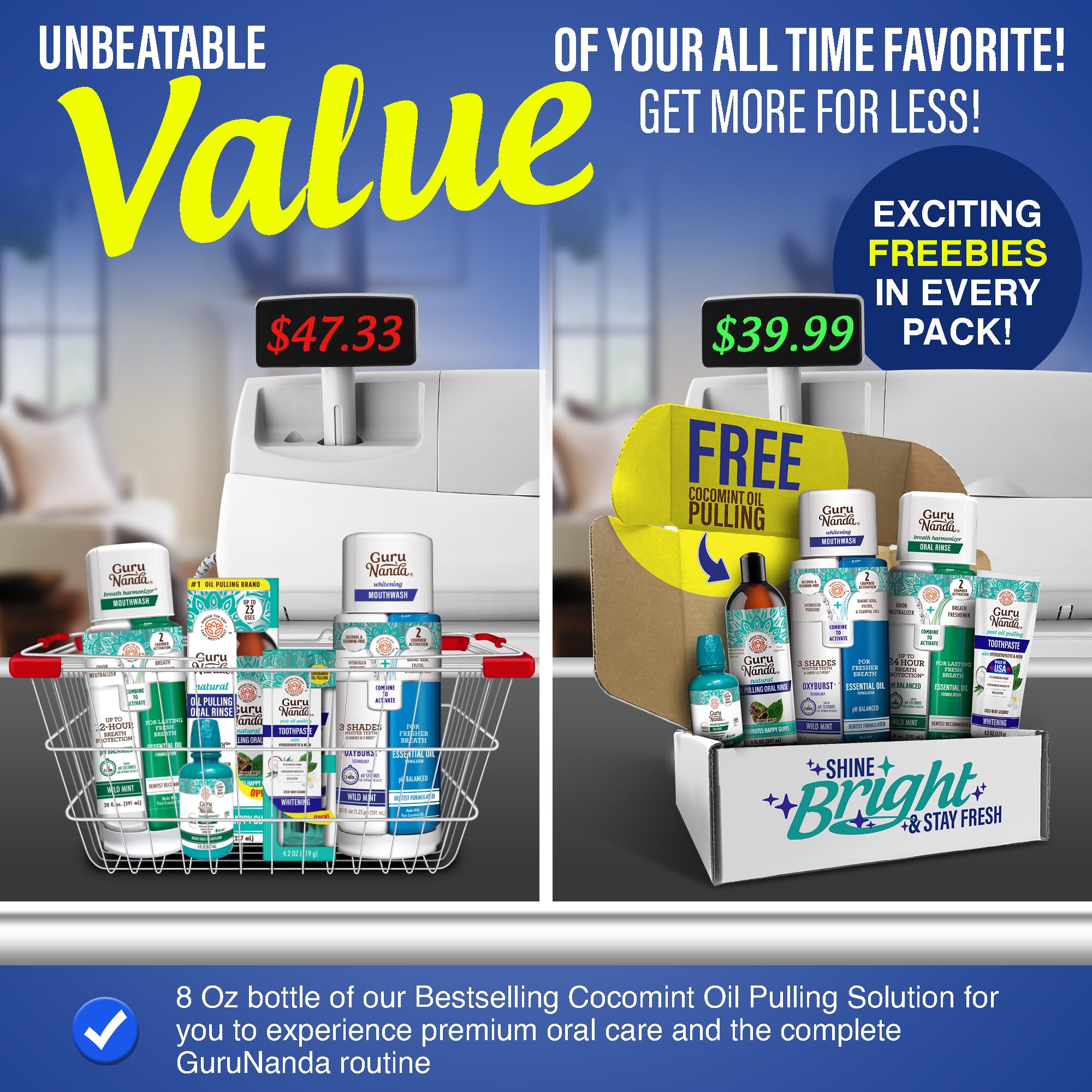 GuruNanda bundle hero-shot conveys all-in-one oral care solution.