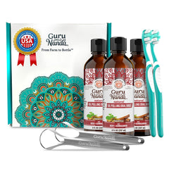 GuruNanda Cinnamon Oil Pulling Mouthwash bottle front for fresher breath