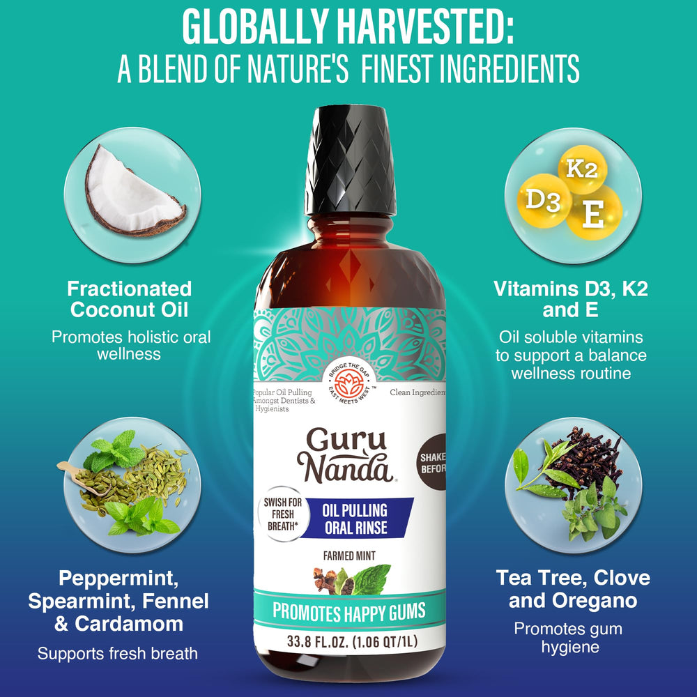 GuruNanda CocoMint oil pull ingredients blend featuring seven essential oils
