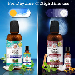 GuruNanda cocomint oil pulling bottle closeup to refresh breath.