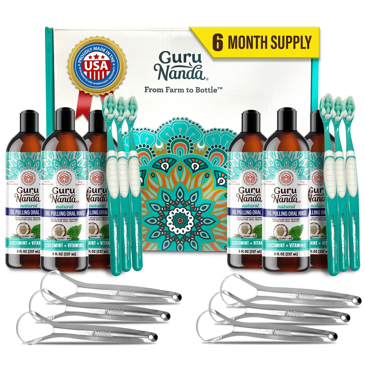 GuruNanda CocoMint oil pulling bottle on counter for refreshing mouth care