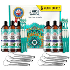 GuruNanda CocoMint oil pulling bottle on counter for refreshing mouth care