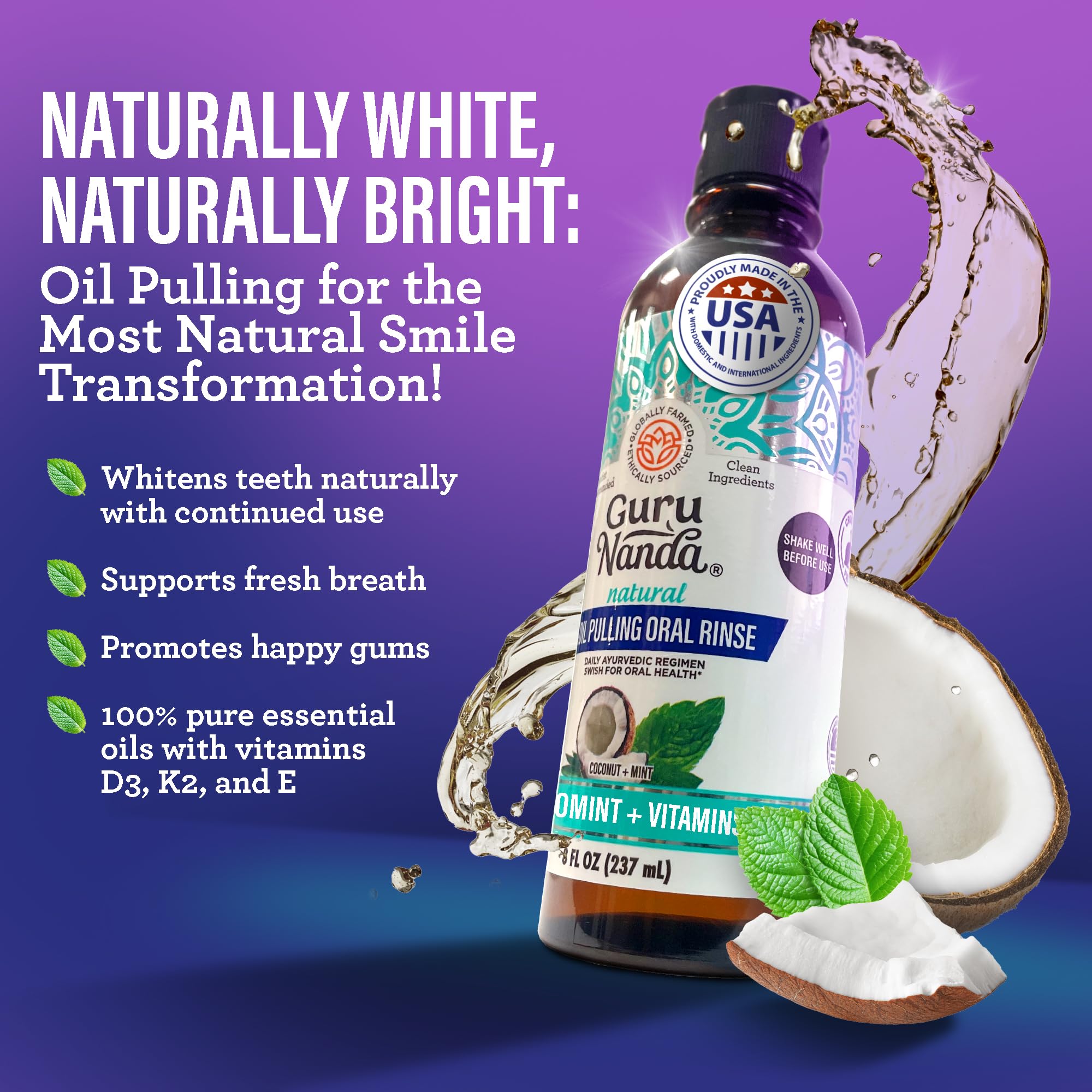 GuruNanda cocomint oil pulling bottle for refreshing breath and healthy gums.