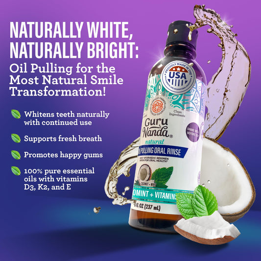 GuruNanda cocomint oil pulling bottle for refreshing breath and healthy gums.