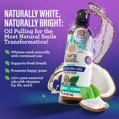 GuruNanda cocomint oil pulling bottle for refreshing breath and healthy gums.