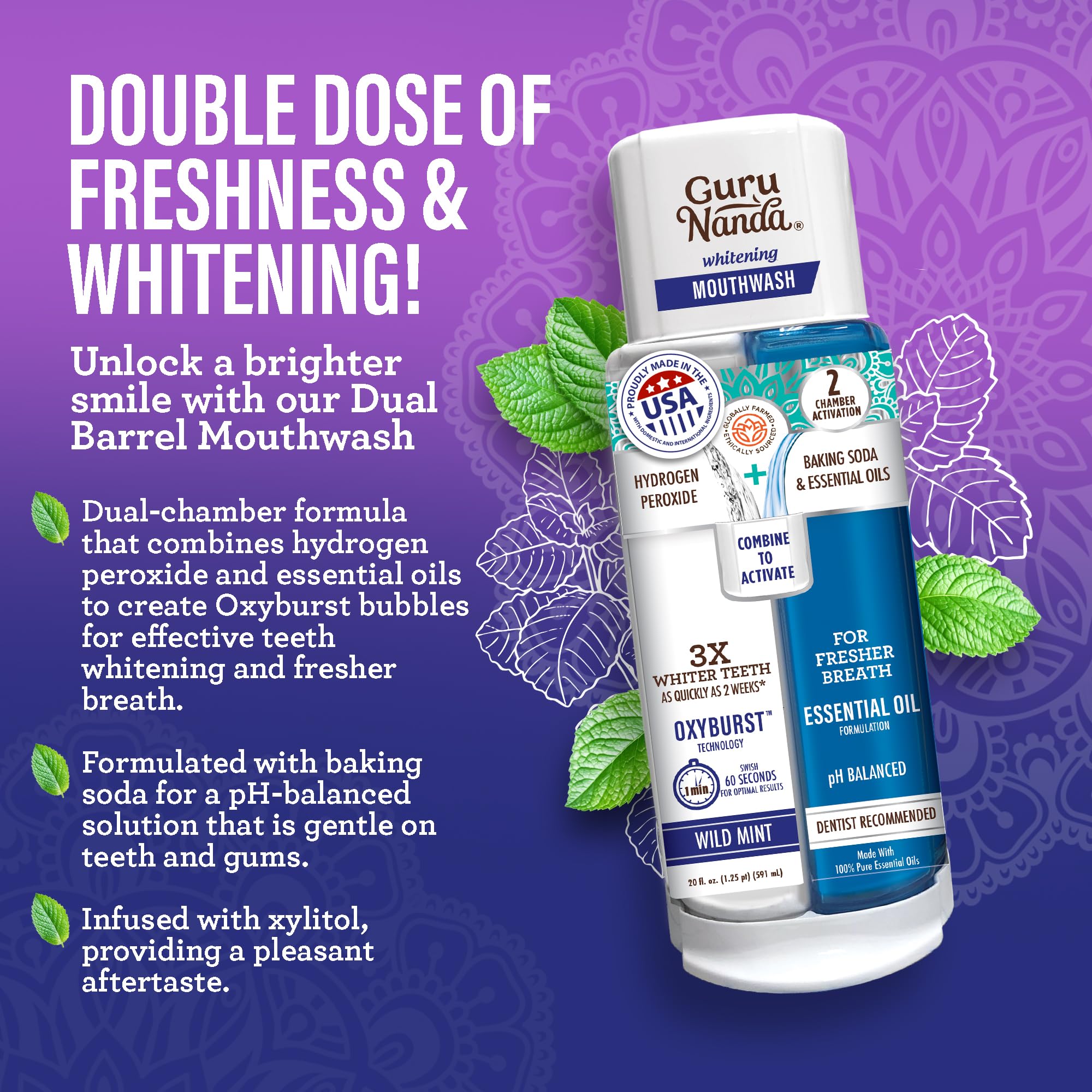 GuruNanda dual-barrel whitening mouthwash reduces bad breath and stains.