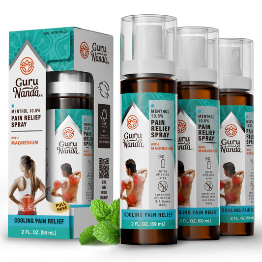 GuruNanda Menthol Magnesium Spray bottle provides fast cooling relief for sore muscles.