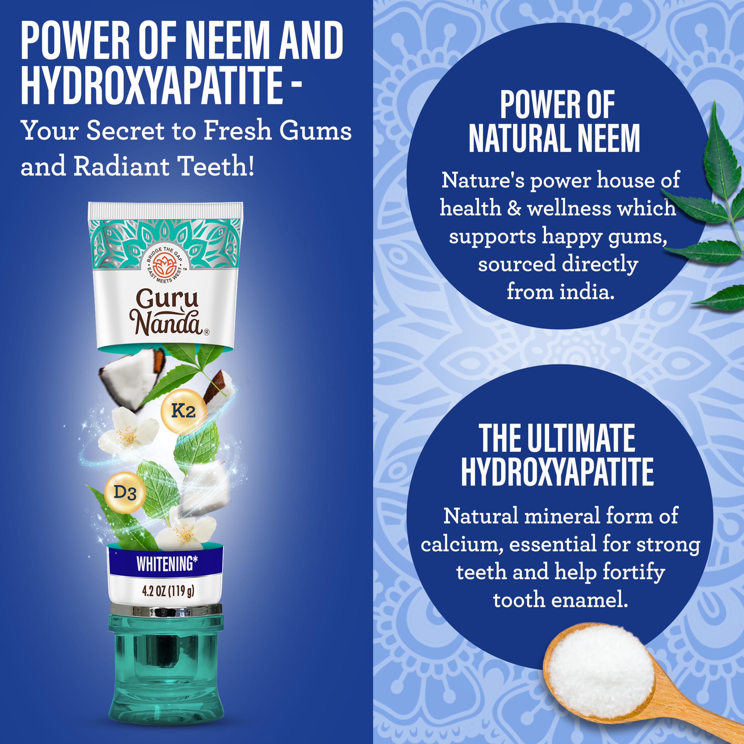 GuruNanda Neem toothpaste tube emphasizes remineralization support and clean gums.