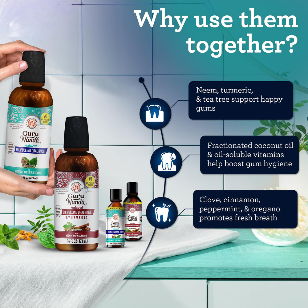 GuruNanda oil pulling steps closeup with usage chart.