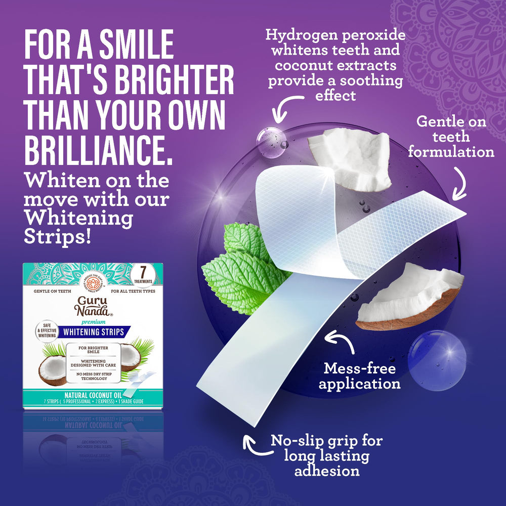 GuruNanda teeth whitening strips ready for at-home whitening sessions.