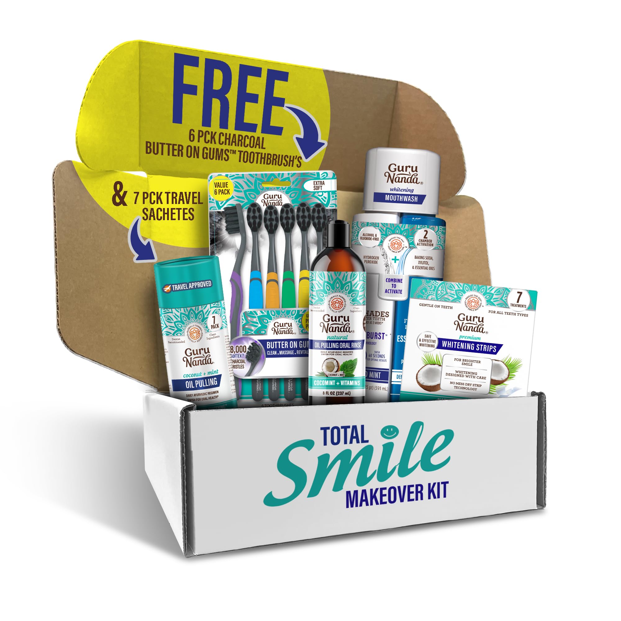 GuruNanda Total Smile Makeover Kit packaging showing all items for a brighter smile routine.