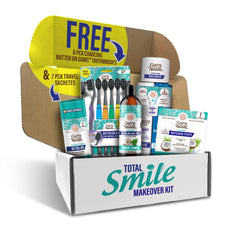 GuruNanda Total Smile Makeover Kit packaging showing all items for a brighter smile routine.