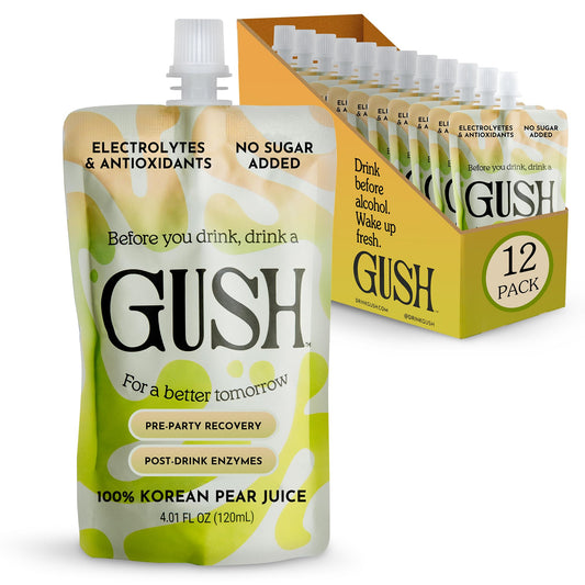 Gush pre-drink pear juice 12-pack packshot for on-the-go hydration