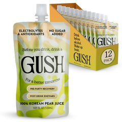 Gush pre-drink pear juice 12-pack packshot for on-the-go hydration