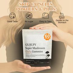 GUSUPY packaging front view highlighting all-in-one daily mushroom supplement.