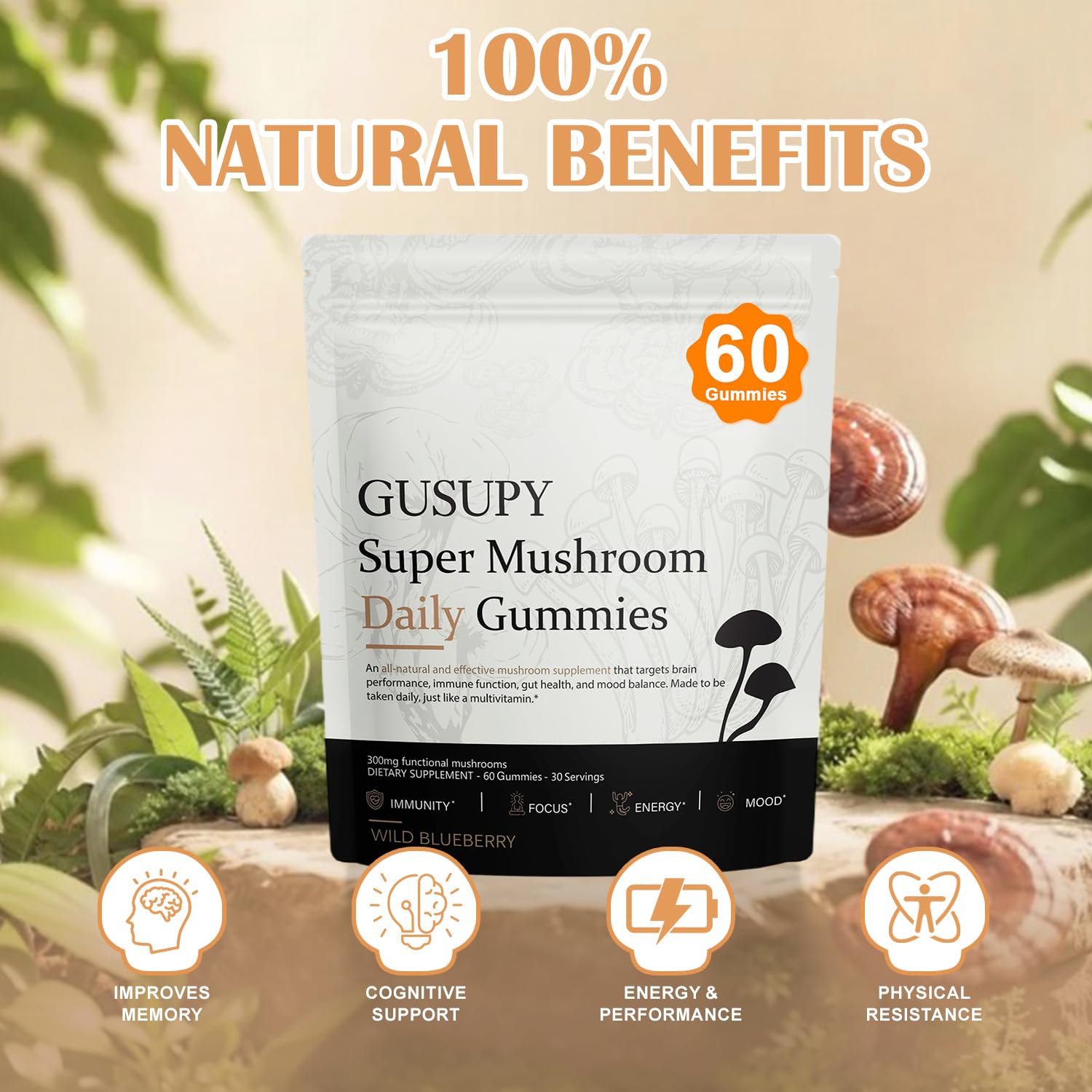 GUSUPY twelve-mushroom blend gummies close-up, a convenient brain-boosting snack.