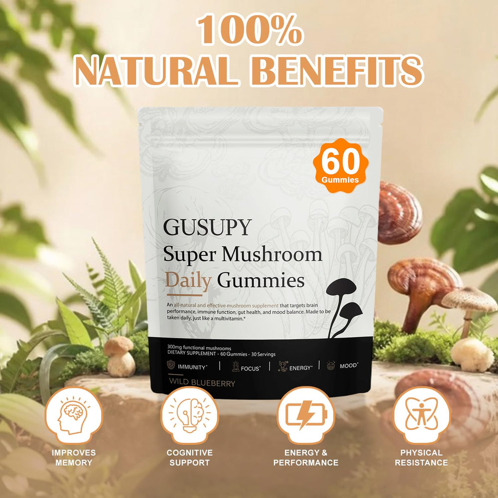 GUSUPY twelve-mushroom blend gummies close-up, a convenient brain-boosting snack.