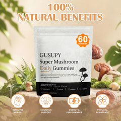 GUSUPY twelve-mushroom blend gummies close-up, a convenient brain-boosting snack.