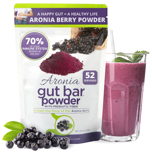 GUT BAR Aronia powder canister poured for gentle digestion support