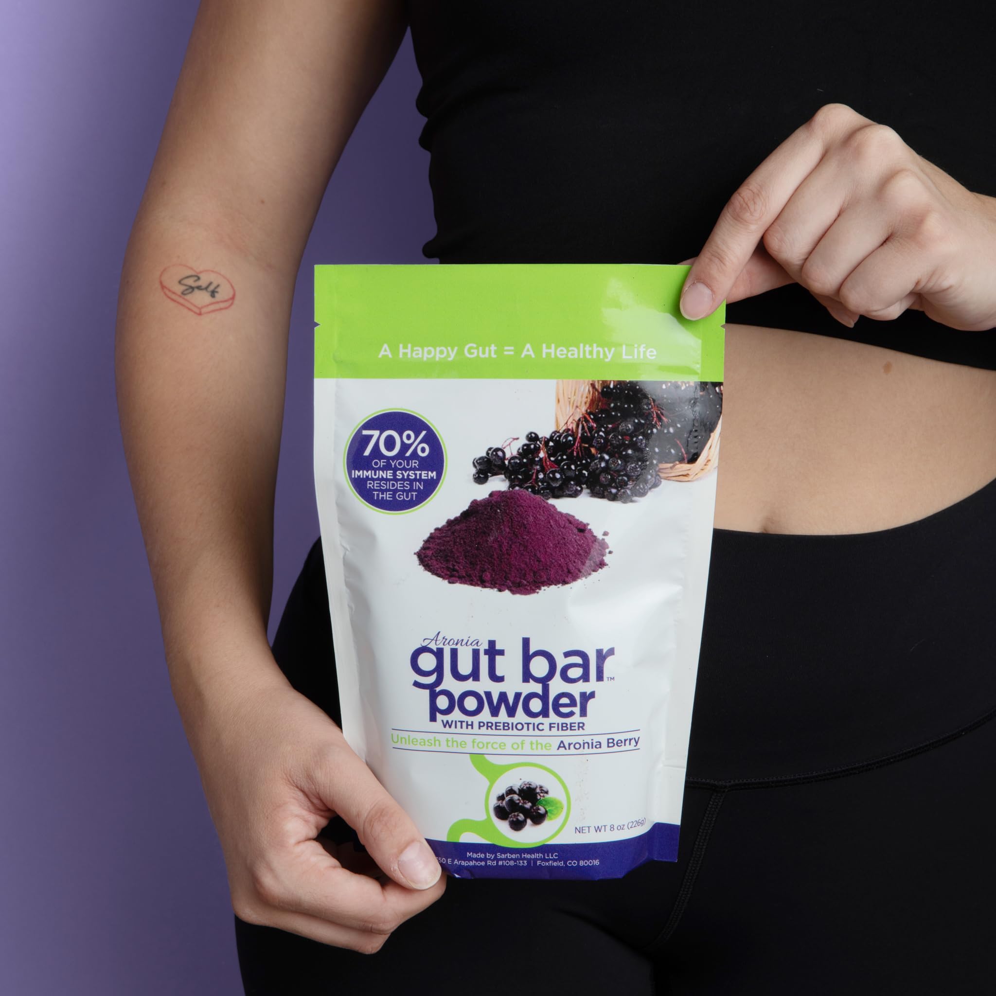 GUT BAR Aronia powder packaging highlights organic ingredients
