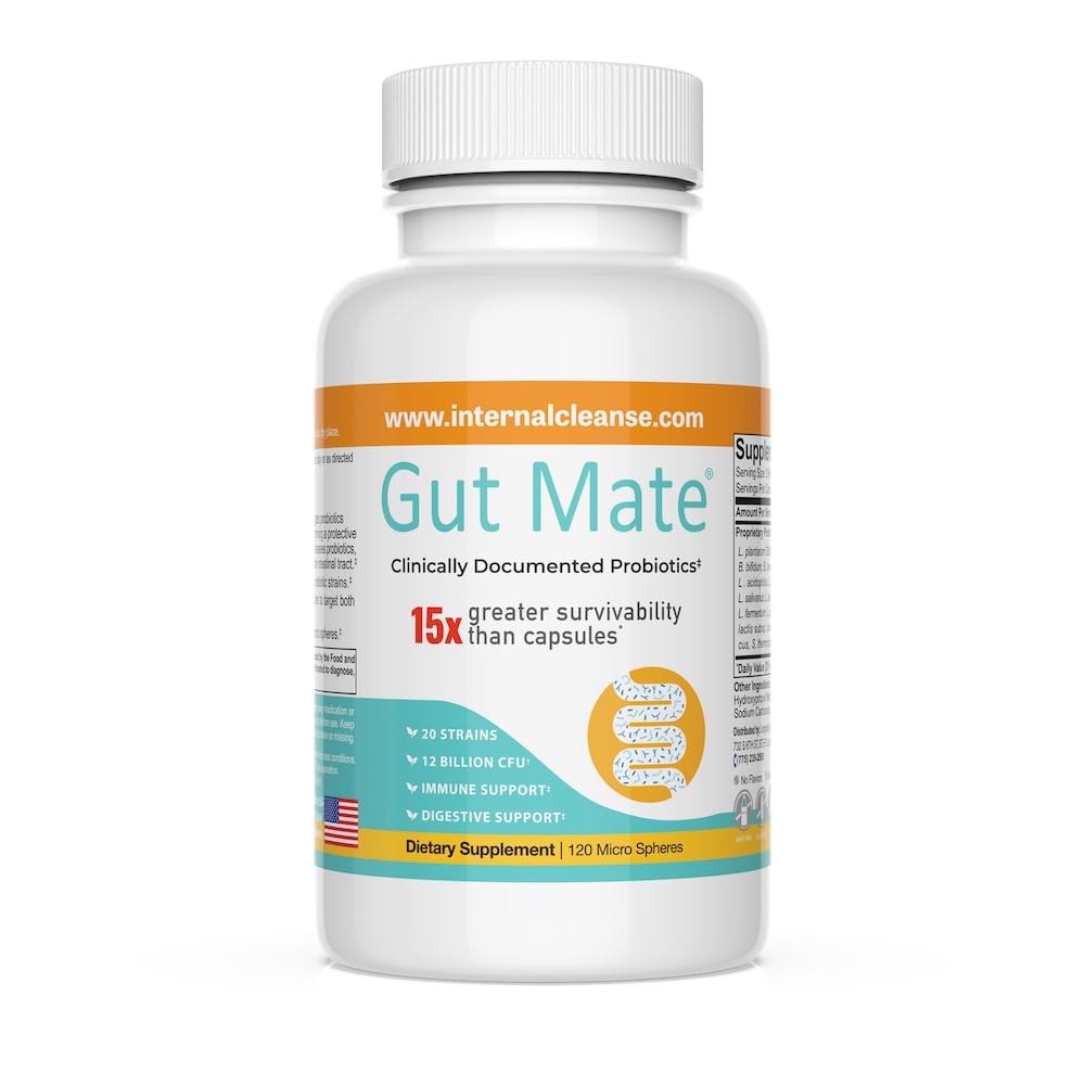 Gut Mate Probiotics bottle front view for easy daily use.