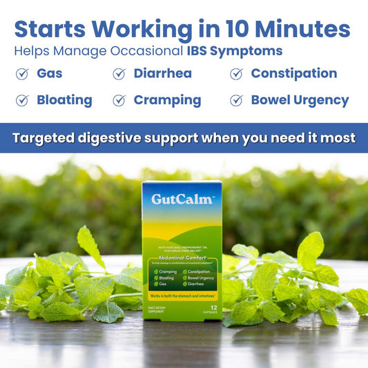GutCalm label showing peppermint oil for IBS support.