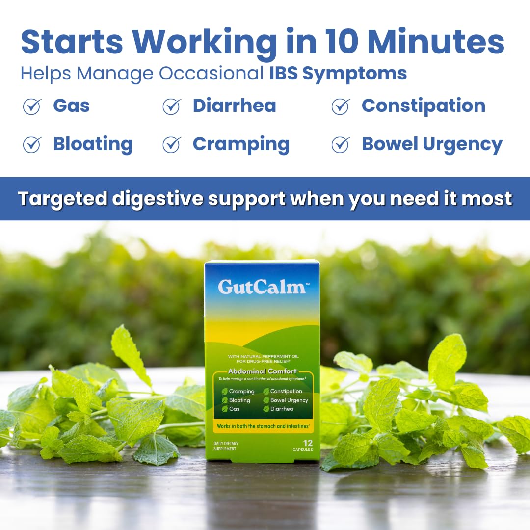 GutCalm peppermint capsules closeup, easy-to-swallow form for bloating relief.