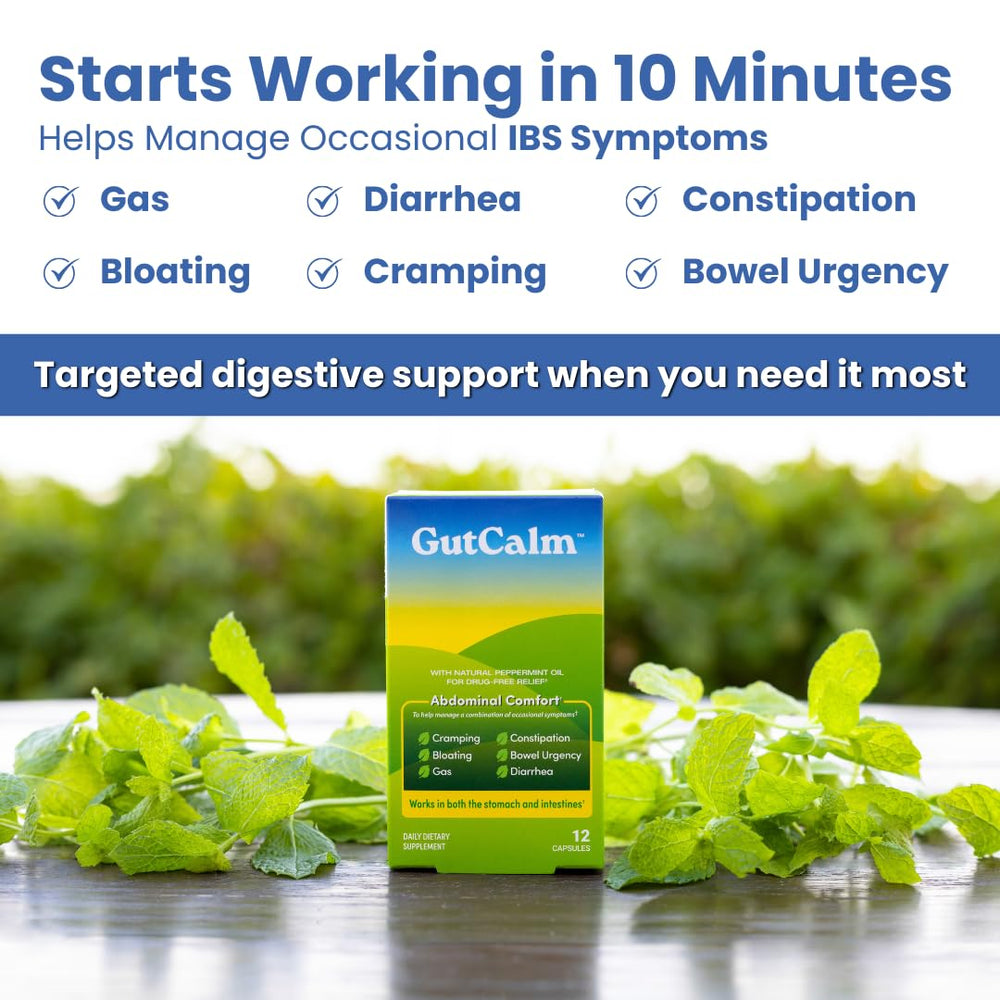 GutCalm peppermint capsules closeup, easy-to-swallow form for bloating relief.