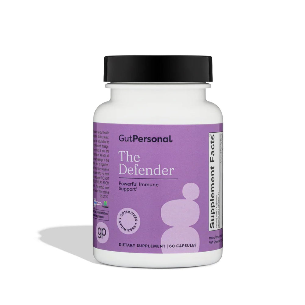 GutPersonal Defender bottle front showing label for daily immune support and natural ingredients.