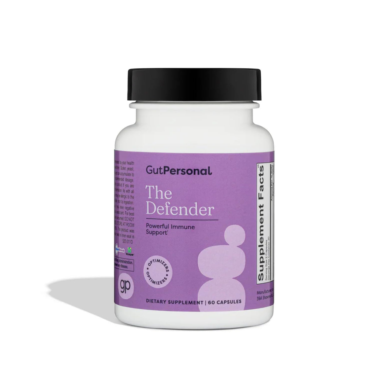 GutPersonal Defender bottle front showing label for daily immune support and natural ingredients.
