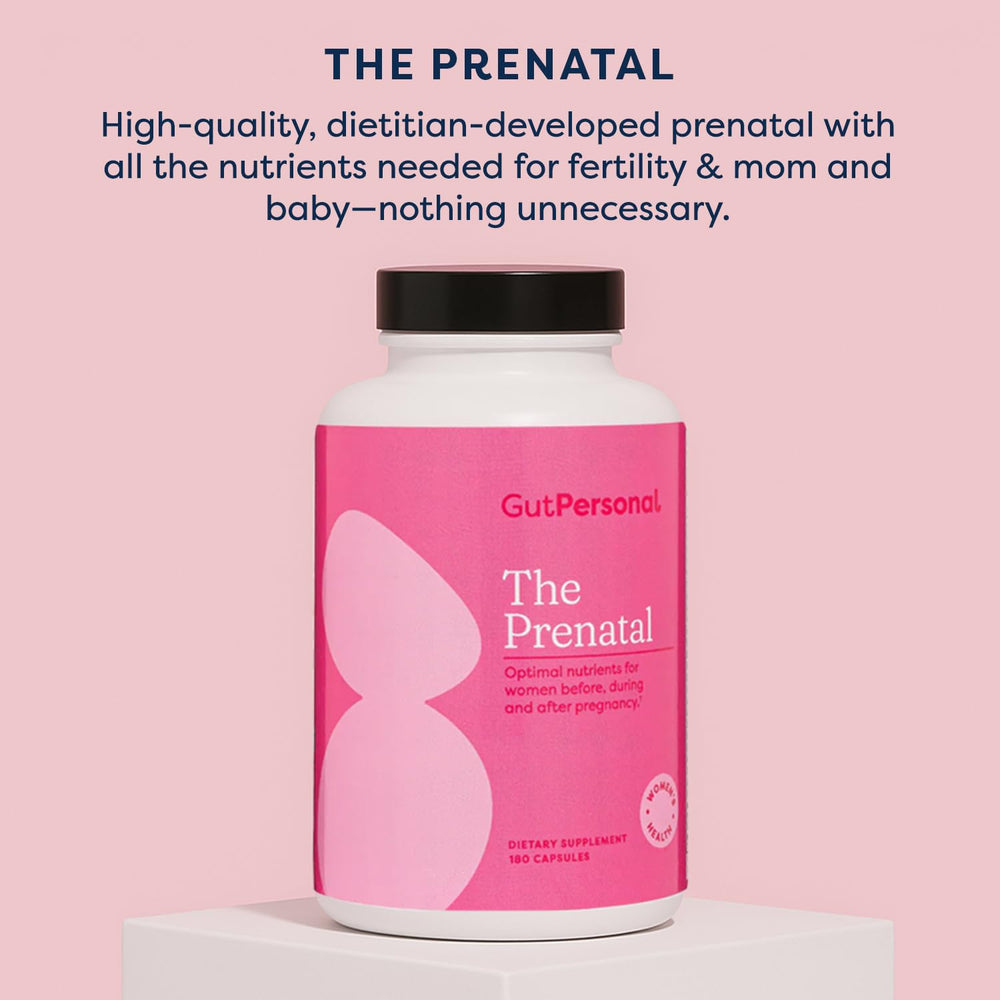 GutPersonal The Prenatal bottle shown with breakfast for daily routine.