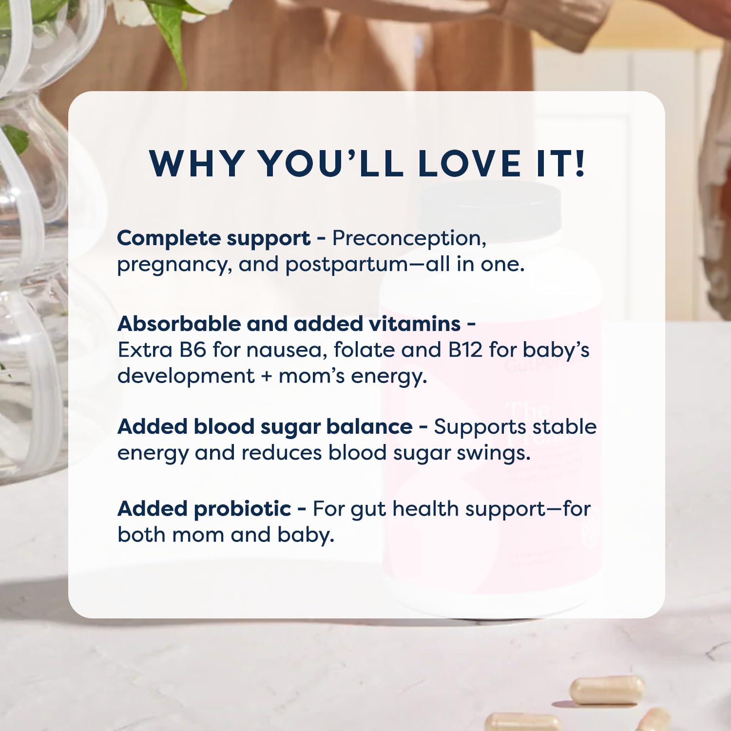 GutPersonal The Prenatal capsules close-up highlights high folate and B12 content.