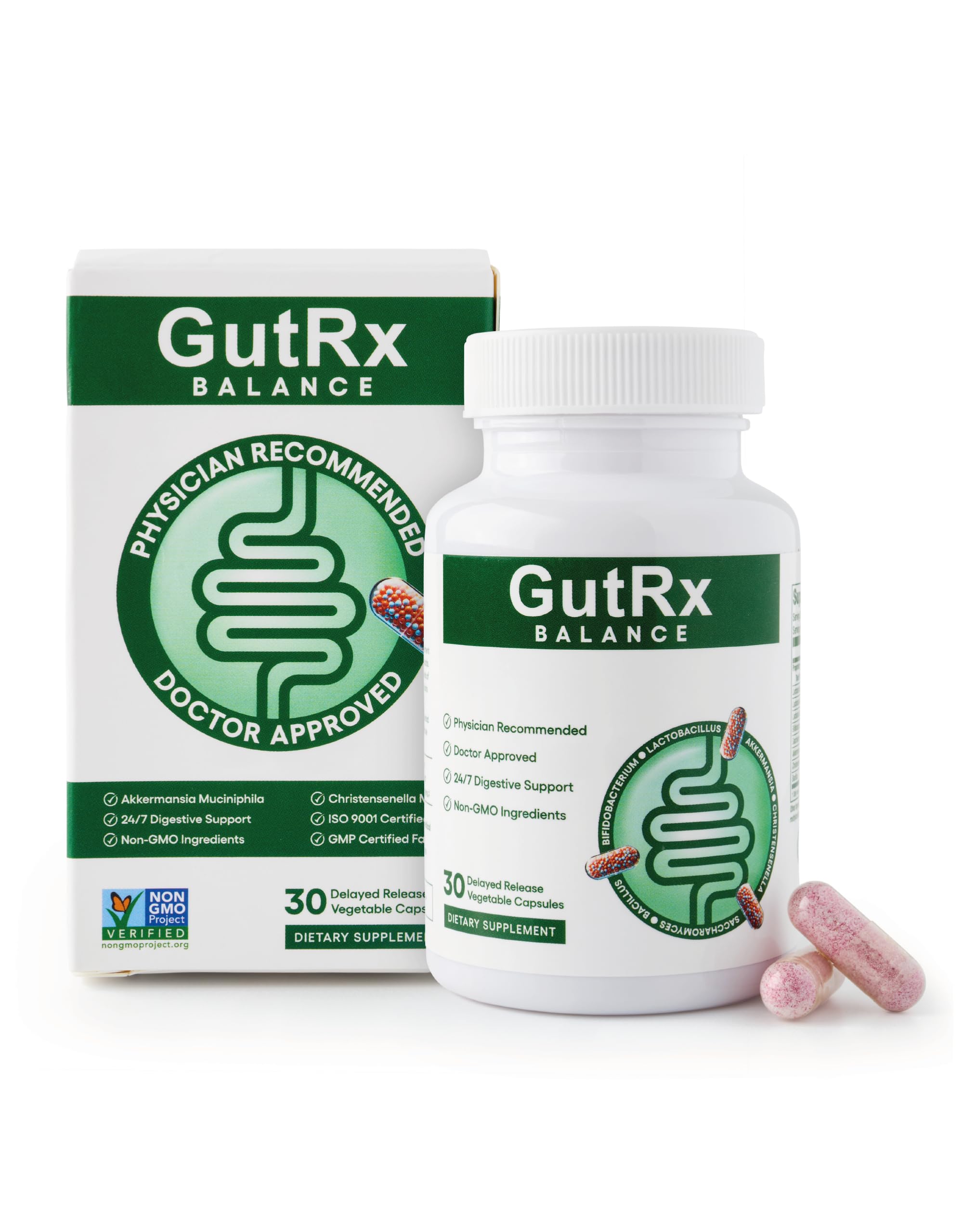 GutRx Balance bottle front showing gluten-free probiotic formula for daily gut support