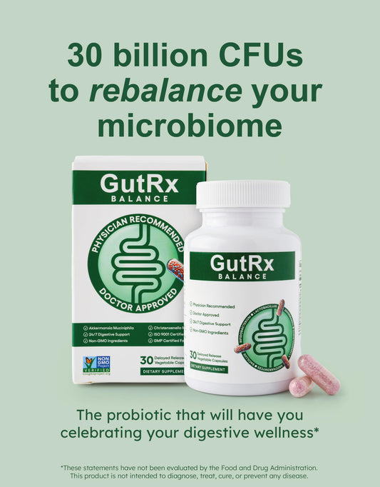 GutRx Balance capsules closeup highlighting delayed-release technology for stomach-safe delivery