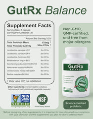 GutRx Balance bottle with label showcasing probiotic strains for gut health