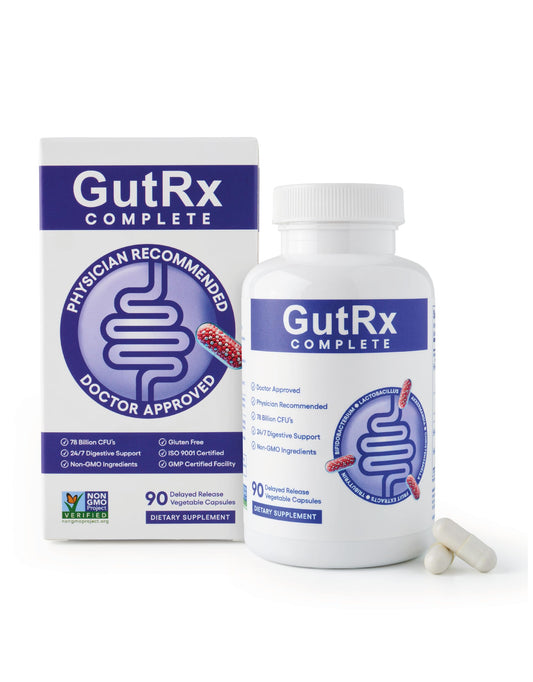 GutRx Complete bottle front label showing 78B CFU formula for daily gut balance.