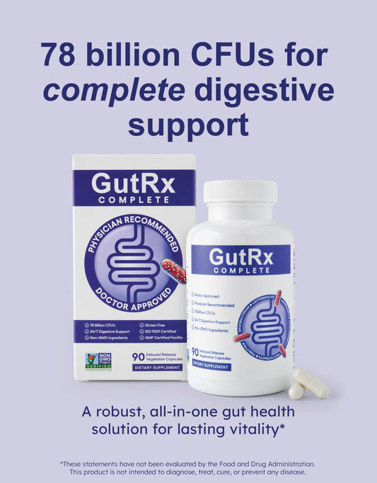 GutRx Complete capsules close-up highlighting enteric coating for targeted gut delivery.