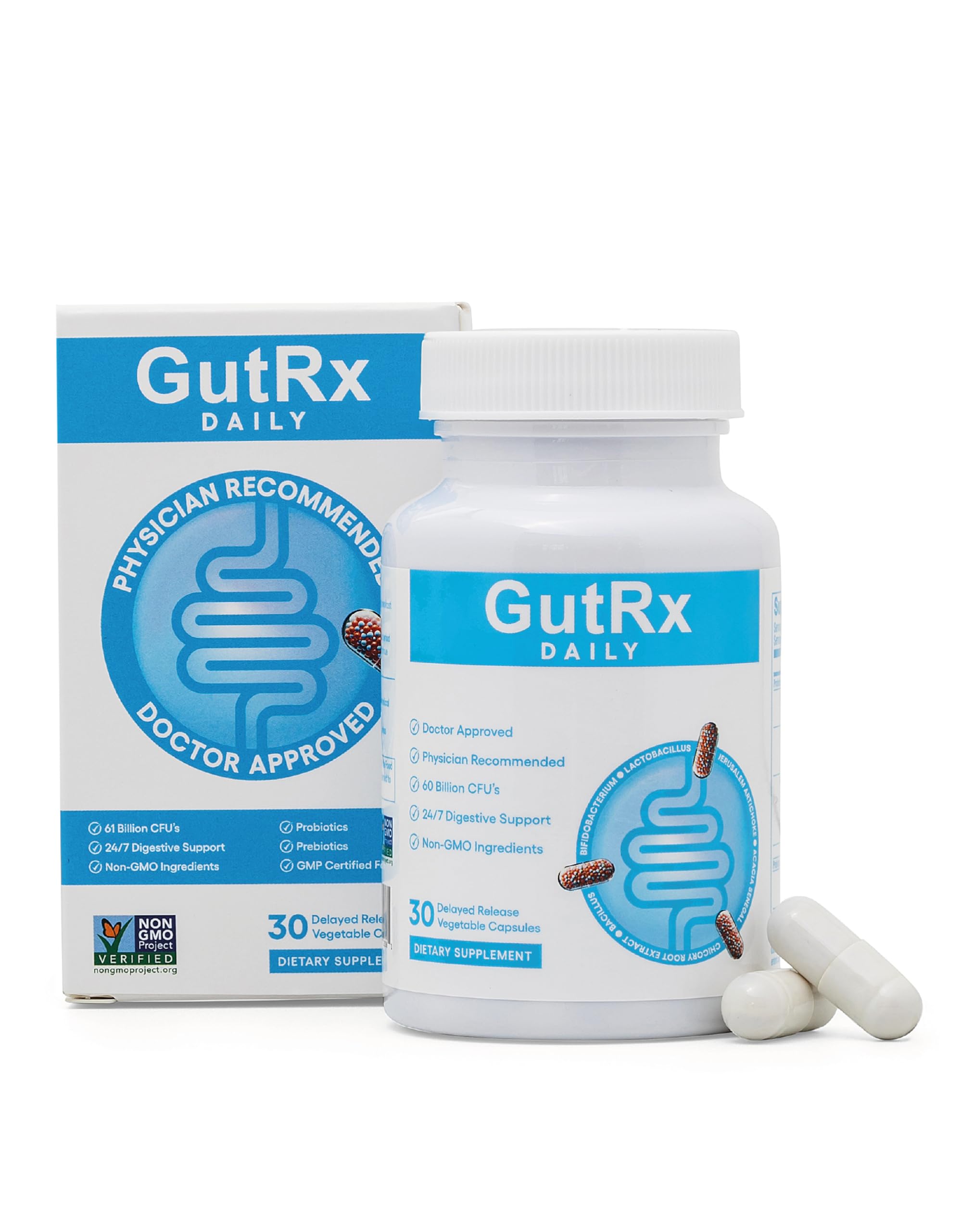 GutRx Daily Probiotics bottle front showing packaging and gut balance