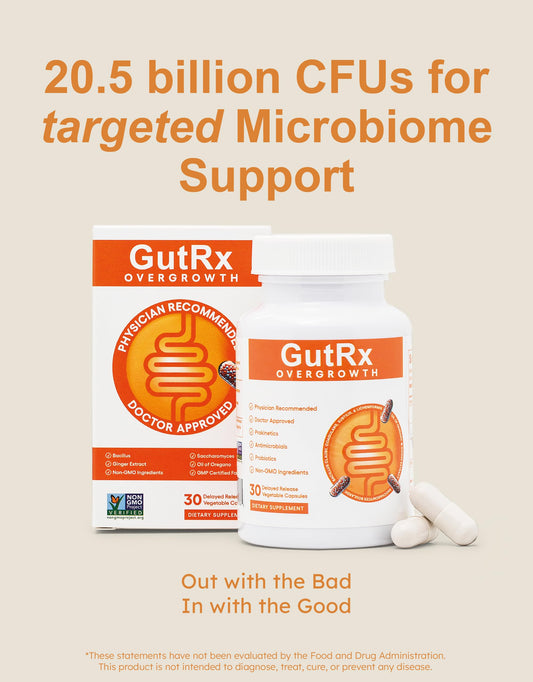 GutRx Overgrowth capsules close-up showing enteric coating for stomach protection.