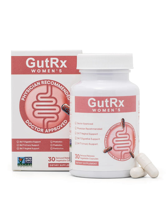 GutRx Women’s probiotic with cranberry and D‑Mannose bottle promotes urinary comfort and daily digestive balance.