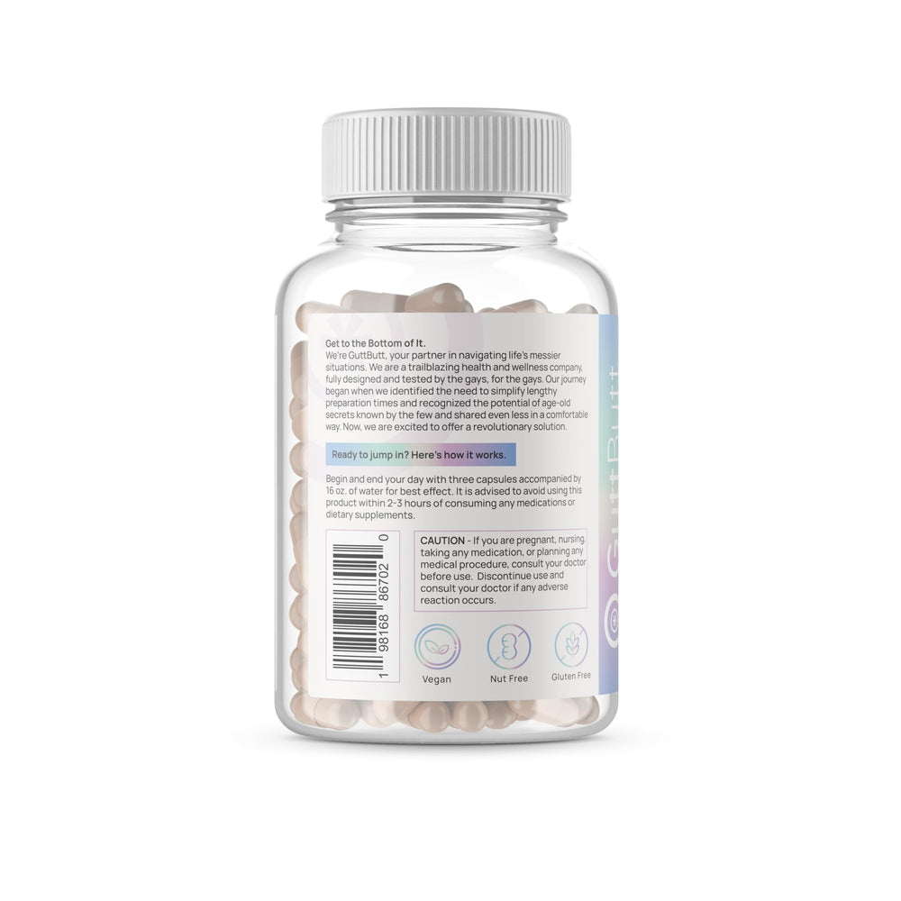 GuttButt capsules closeup showcases the plant-based fiber blend