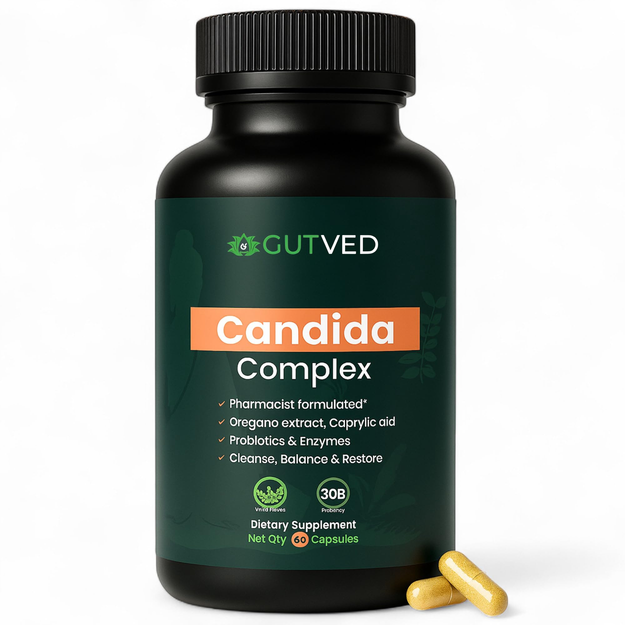 GUTVED Candida Complex bottle side view shows packaging for gut balance support.