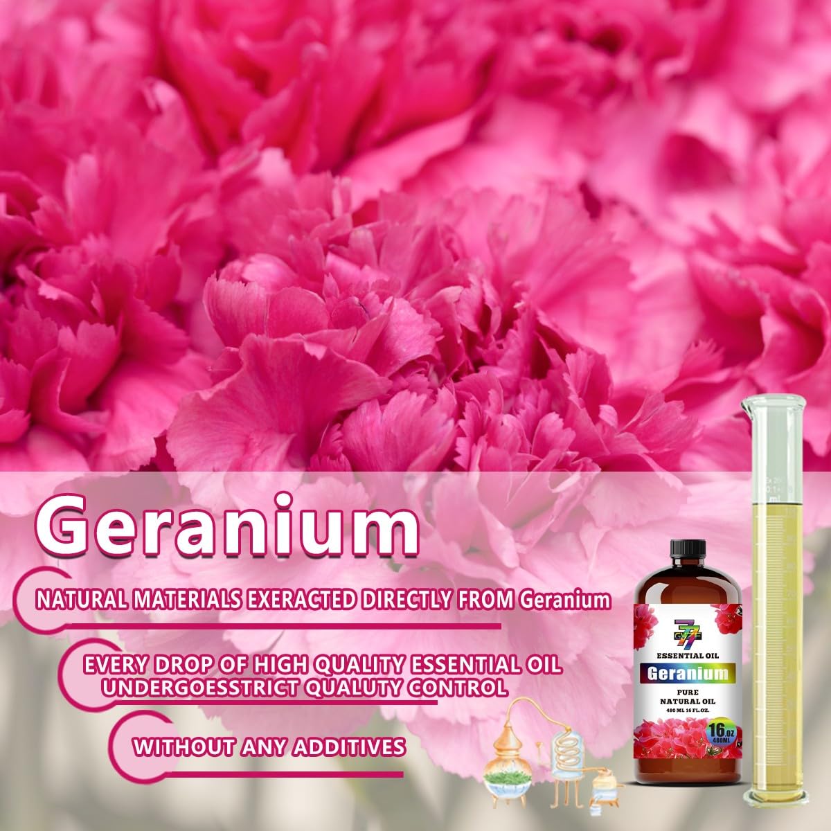 GV77ZF Geranium essential oil enhances home fragrance in diffusers and humidifiers.