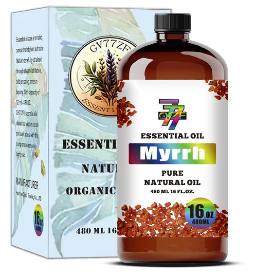 GV77ZF Myrrh essential oil in a 16oz amber bottle for diffusers and DIY skincare