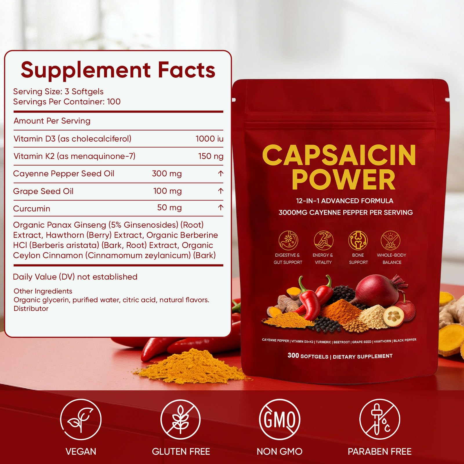 GXSAE Cayenne Pepper Softgels close-up showcasing cayenne blend